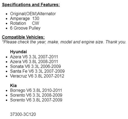 Fits Hyundai Azera 2007-2011 2010-2011 Kia Borrego Alternator (3.3L 3.8L) - Picture 2 of 9