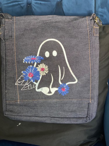Crossbody Bag - Denim & Cotton - Boo flower Ghost on front 3 compartments