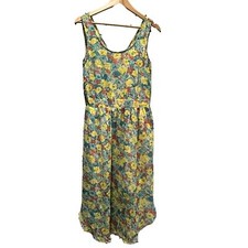 BCBGMAXAZRIA Floral Yellow, Blue, Orange Midi Short Sleeve Dress Medium