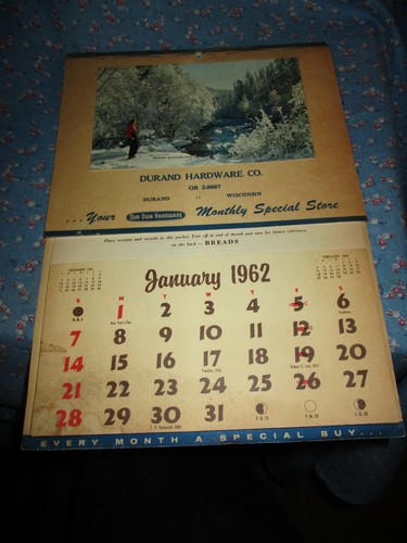 Durand Hardware Co. Durand Wisconsin 1962 Calendar Note Smudges