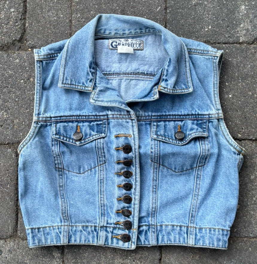 Graphite Women's S Blue Denim Vest Jacket Sleeveless Button Front Pockets 90s