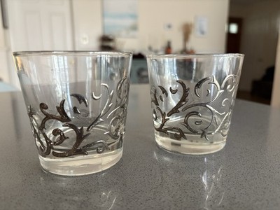 Vintage Libby Silver Scroll Whisky Highball Glasses Set of 2