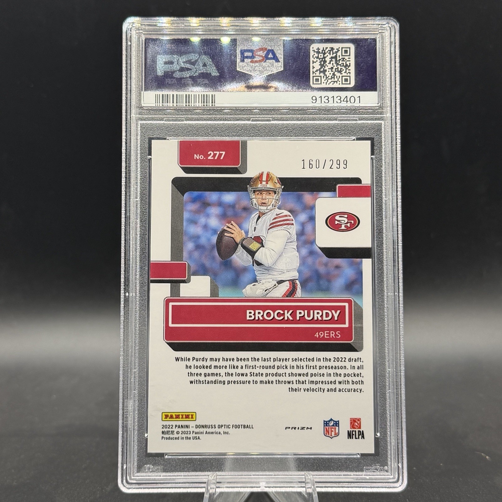 2022 Panini Donruss Optic Brock Purdy Rated Rookie Aqua Prizm /299 PSA 9 view 2