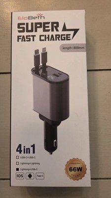 Elobeth - 4 In 1 - Super Fast Car Charger - 2 Plugs (USB-C/USB-A) - 2...