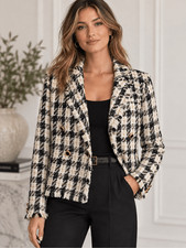 House of Harlow 1960 Boucle Tweed Double Breasted Blazer Black Ivory Gold M