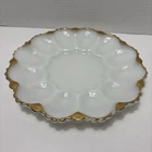 Vintage Anchor Hocking Milk White Deviled Egg Platter Gold Trim Serves 12