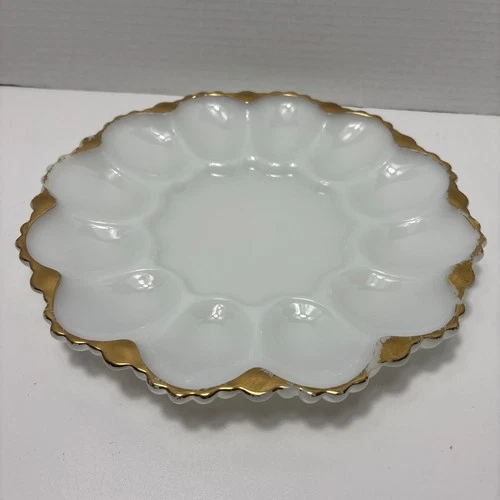 Vintage Anchor Hocking Milk White Deviled Egg Platter Gold Trim Serves 12