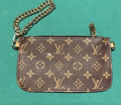 Louis Vuitton Monogram Brown Zip Clutch Pochette w/ Gold Chain Wrist Strap