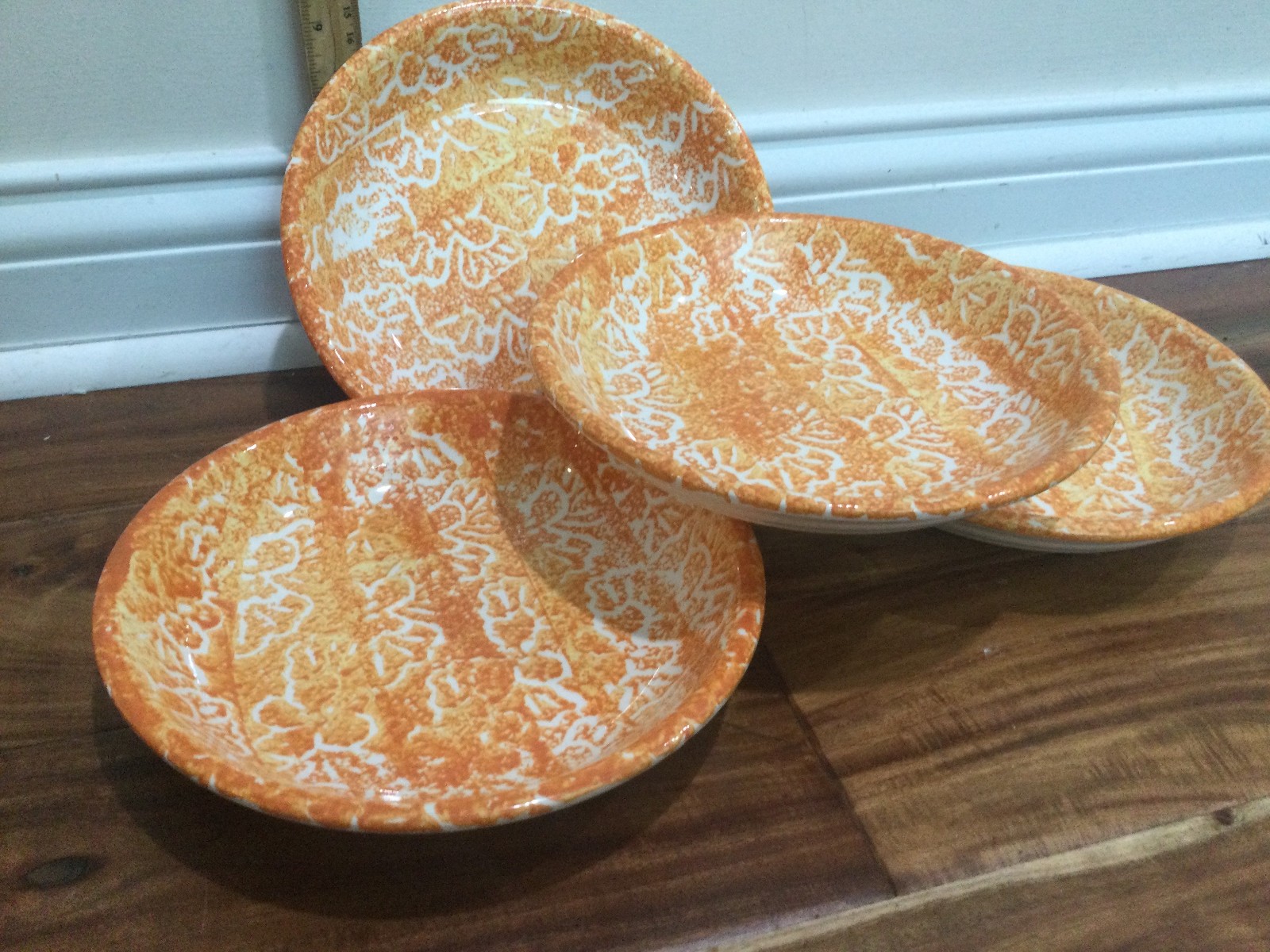 12pc  Tre Ci Italy orange BATIK service for 4 cup plates pasta bowls exc