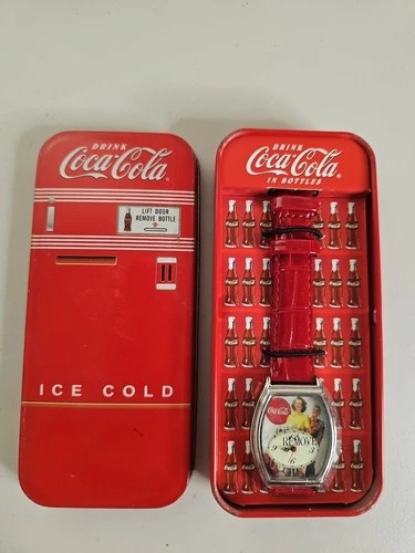 Coca-Cola Coke Vtg Tank Watch Retro Ad Refrigerator Tin Japan Movement Red Band