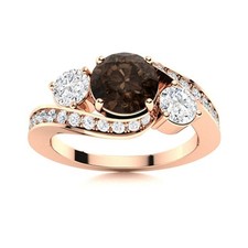 925 Sterling Silver Rose Plated Three Stone 5MM Round Smoky Quartz Women Ring