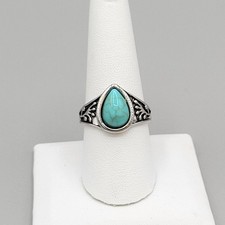 Light Blue Howlite Tear Drop Stone Ring Etched Side Accents Silver Tone
