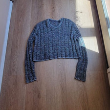 Y2K Grey Chunky Knit Flecked Cropped V-neck S...