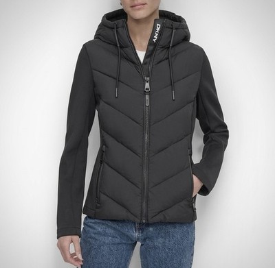 DKNY Mixed Media Hooded Puffer Jacket Black Scuba Hybrid Size M DL5CAR06