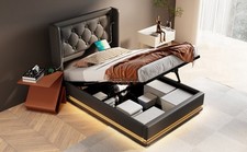 Polsterbett Einzelbett 90x200cm Schwarz Hydraulik Stauraum USB LED Matratze