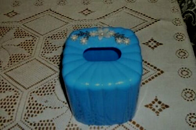Cottagecore Tissue Box Cover Jeweled Flowers Metal Blue Plastic 1950s Vanity