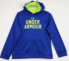 Under Armour Youth Large Hoodie Blue Neon Green Logo Pullover Sweatshirt YLG
