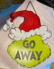 GRINCH "Go Away", "Welcome" Reversible Wooden Glitter Hanging Wall Sign Decor