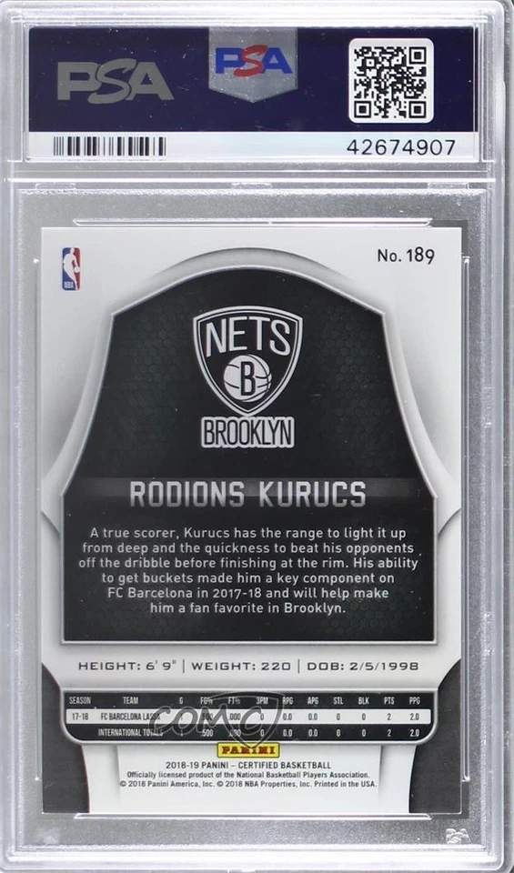 2018-19 Certified Mirror Blue /199 Rodions Kurucs #189 PSA 9 MINT Rookie RC - Image 2 of 2