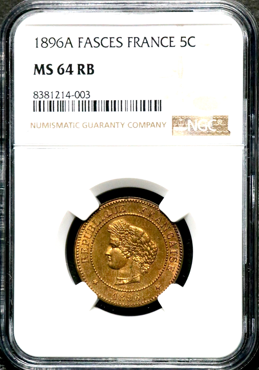 1896A France 5C Five Centimes - Fasces - NGC MS 64 RB CC796