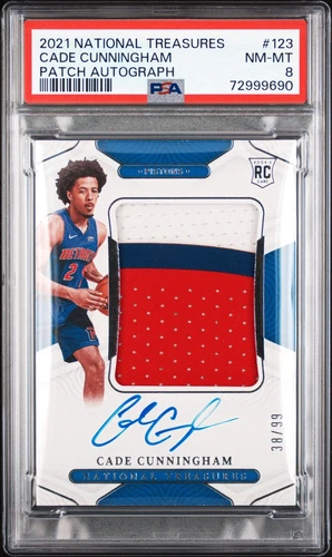 CADE CUNNINGHAM PSA 8 2021 NATIONAL TREASURES #123 ROOKIE PATCH AUTO 38/99 RPA