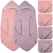6 Pcs Baby Muslin Hooded Bath Towels and Washcloths Muslin Cotton Hooded Baby...