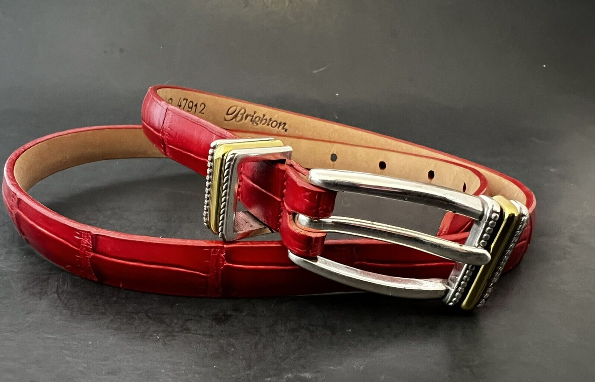 Vtg Brighton Skinny Red Leather Belt Croc Embossed Silver/Gold