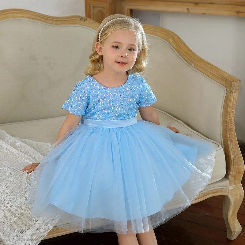 Cute Dresses For Teen Girls Gown Tulle Bowkt Birthday Paillette Pageant  Party Dress Blue 120 5Y-6Y - Walmart.com