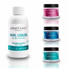 LEGACY NAIL MONOMER 4oz & 2 OR 3 ACRYLIC PWDER 2oz (Pink, White & Clear) 