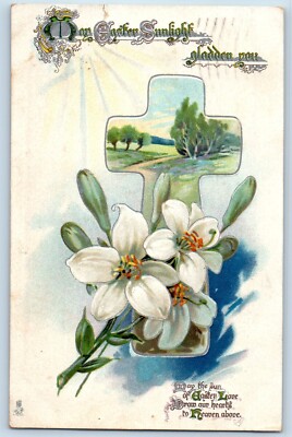 Easter Postcard Sunlight Holy Cross Flowers Embossed Providence RI Tuck No. 716