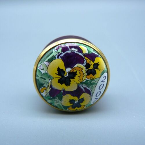 HALCYON DAYS ENAMELS MINI BOX 2007 PANSY FLOWERS PURPLE YELLOW PILLS SCREW 2.5CM - Picture 5 of 11