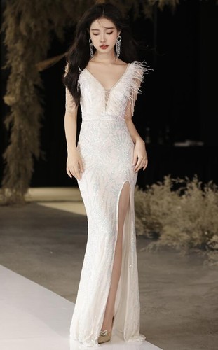 Gorgeous V Neck Feather Shine Sequins Bodycon Fishtail Gown Prom Evening Dresses - Picture 10 of 17