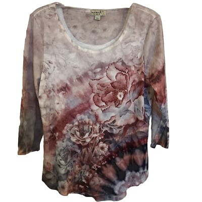 One World Live and Let Live Top Women Floral Rhinestones 3/4 Sleeve Small