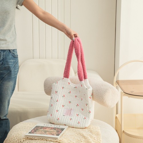 Cherry Print Underarm Bag White Tote Handbag Simple Cotton Bag Girl - Picture 7 of 12