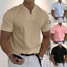Mens Short Sleeve Linen Shirts Summer Solid Loose Casual Dress Shirt Blouse Tops