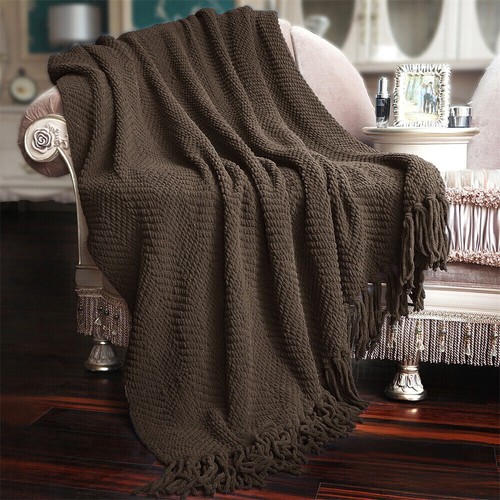Boho Knitted Throw Blanket – Tweed Texture, Tassels, Lightweight Couch Bed Decor - Picture 21 of 337