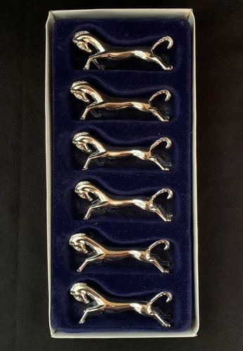 Set of 6 MCM Vintage French Silver Plate Figural Horse Knife Rests in Box EUC