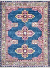 Hand Knotted Kismet Blue Premium Wool Rug Oushak Inspired Blue & Pink Area Rug