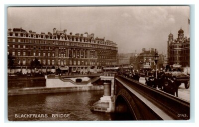 RPPC Early 1900s street scene Blackfriars Bridge w/ Streetcars London Postcard 