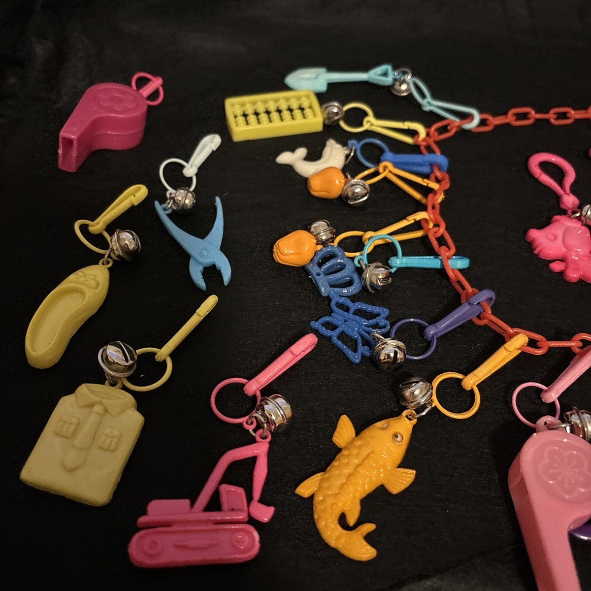 Vintage 80s Plastic 30 Clip Bell Charms Chain Link Necklace
