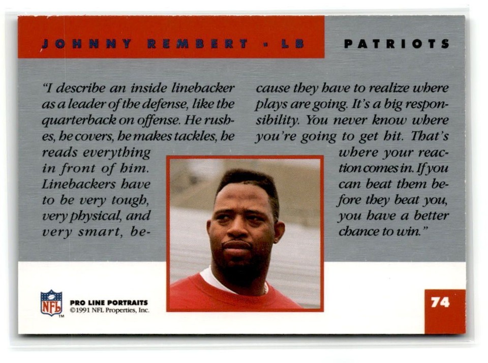 1991 Pro Line Portraits FOOTBALL #74 Johnny Rembert New England ...