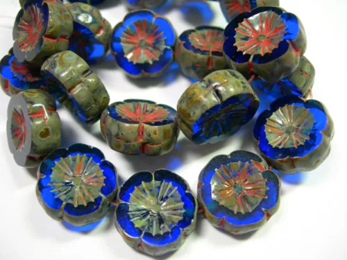 10 beads - Sapphire Blue Picasso Czech Glass Flower Beads 14mm