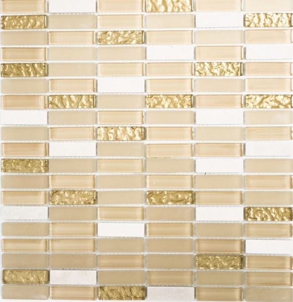 Glasmosaik Naturstein Weiß Gold StäBchen Wand Bad 87-1202 I 10 Mosaikplatten-image