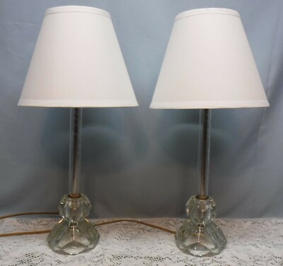 Pair Etched Glass Clear Floral 20” Vtg Mid Century Art Deco Boudoir Table  Lamps