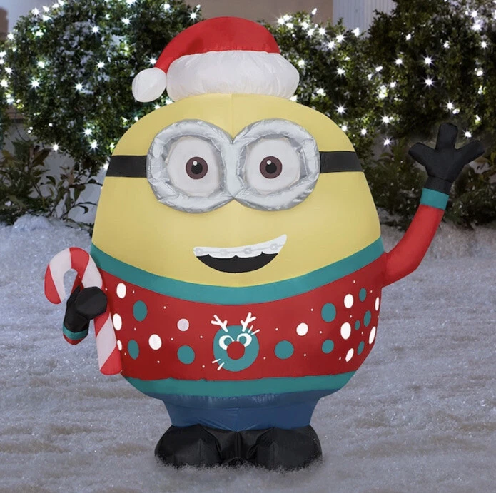 GEMMY MINION OTTO UGLY SWEATER & CANDY CANE INFLATABLE, Christmas Minion Inflatable