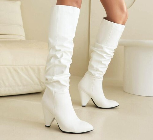 Mujeres Botas Altas a la Rodilla Cuero Pu Tacón Cono Zapatos de Bomba Tubo Largo Botas de Caballero - Imagen 5 de 13