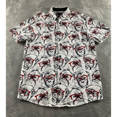 Baja Lama Mens Large Monkey Chimpanzee Red Glasses Print Short Slv Button Down