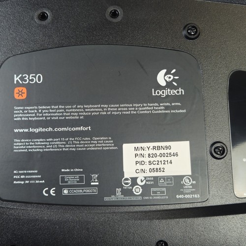 Logitech K350 Wave Keyboard Black Unifying Wireless NO USB Receiver Dongle - 第 4/5 張圖片
