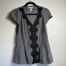 Nine West Baby Doll Shirt Women's 10 Black 100% Silk Lace Cap Sleeve Whimsygoth
