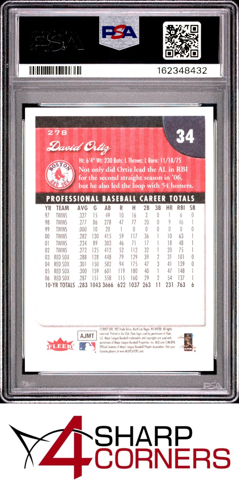 2007 FLEER #278 DAVID ORTIZ RED SOX HOF POP 5 PSA 10 view 2
